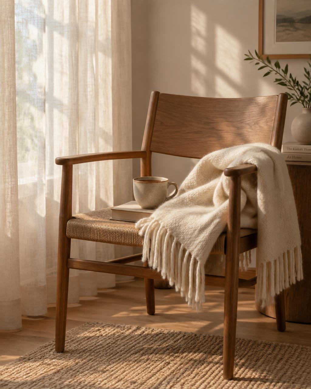 A warm, sunlit therapy room with a wooden chair, cream throw and a cup of tea